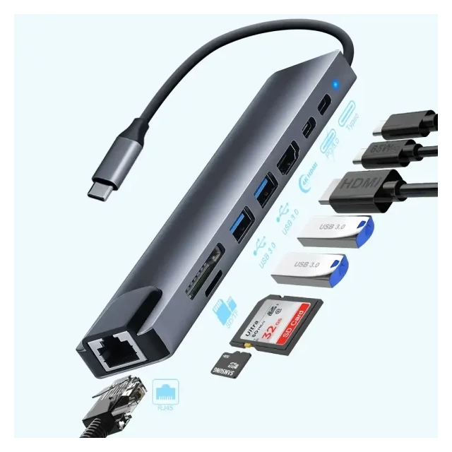 Adapter-konverter USB Tip C Zeus 11/1 1xUSB3.0/3xUSB2.0/HDMI/TF/SD/Audio/RJ45/VGA/Tip C PD
