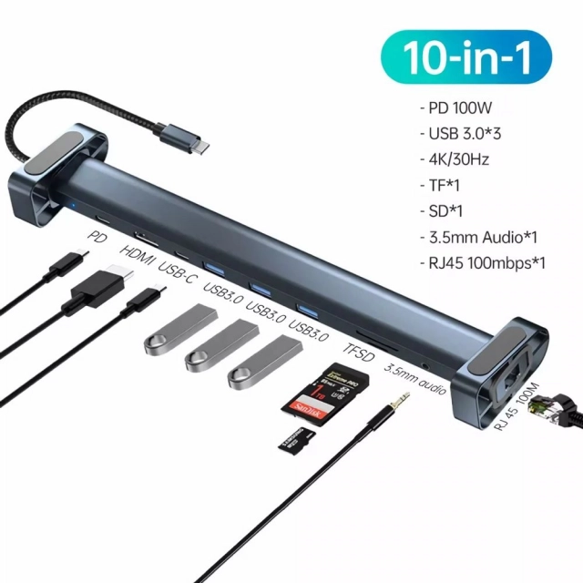 Adapter Type C JWD-TC45 na LAN, PD, HDMI, Type C, 3x USB 3.0, SD, TF,  3.5mm 10 u 1 sivi