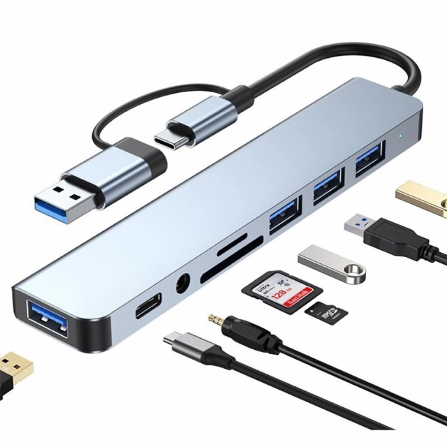 Adapter Type C - USB 3.0 JWD na 3x USB 2.0, PD, 3.5mm, SD, TF, USB 3.0 8 u 1 sivi