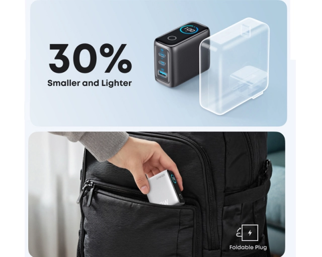 ANKER 100W GaN zidni brzi punjač, 3-porta (2x USB-C i 1x USB-A) tamno sivi 