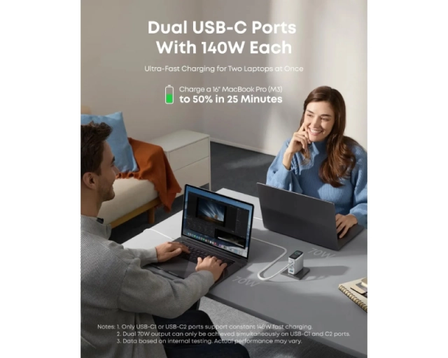 ANKER 140W GaN zidni brzi punjač, 4-porta (3x USB-C i 1x USB-A) sa USB-C M/M pletenim kablom, srebrni 