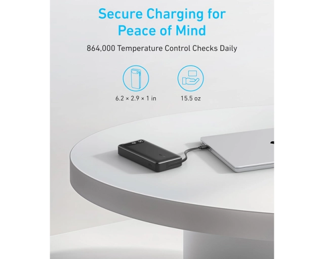 ANKER 20000mAh, 87W, sa ugrađenim USB-C kablom na izvlačenje, Power Bank crni 