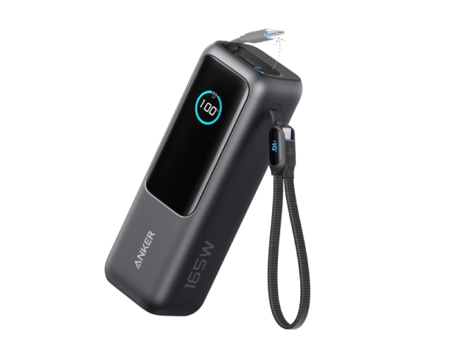 ANKER 25000mAh, 165W, sa ugrađenim USB-C kablom na izvlačenje, Power Bank za laptop crni 