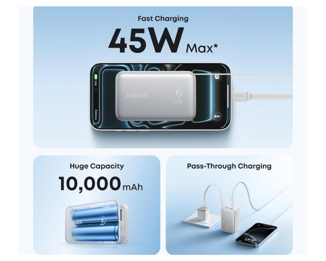 ANKER Nano 10000mAh, 45W, sa ugrađenim USB-C kablom na izvlačenje, Power Bank beli 