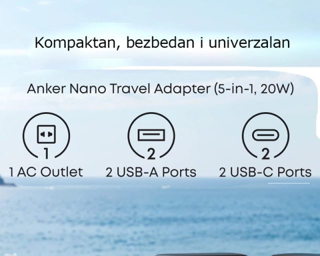 ANKER Nano 20W putni zidni punjač 5-portova (2x USB-A, 2x USB-C, utičnica EU na US, UK, AU i EU), crni 