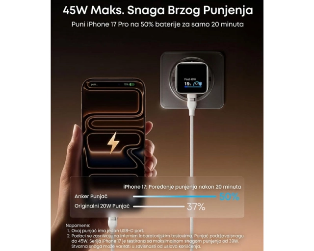 ANKER Nano 45W putni zidni punjač sa ekranom, USB-C port, beli 