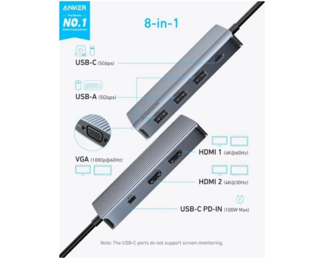 ANKER USB-C Data Hub 8u1 sivi 