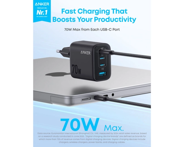 ANKER Zolo 70W 4-porta(3x USB-C i 1x USB-A) zidni punjač crni 