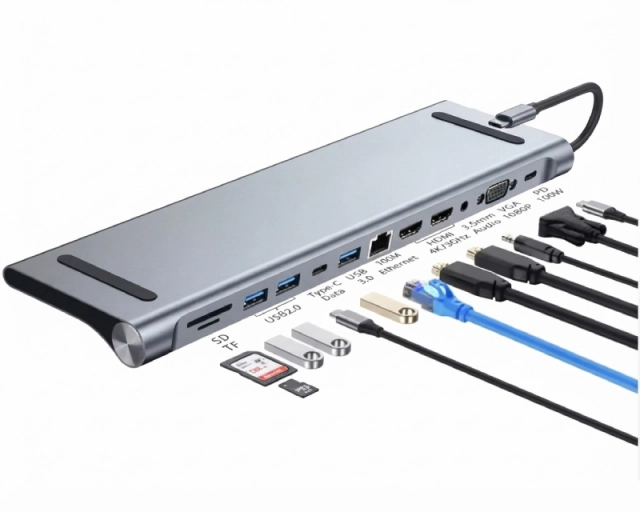 E-GREEN Multiport USB 3.1 tip C (M) - 2 x HDMI + VGA + 3 x USB 3.0 + 1 x tip C-(PD 100W) + USB 2.0 + 3.5mm + SD/TF + RJ45 (F)1000 Mbps (12 u 1) 