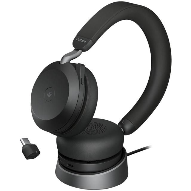 JABRA EVOLVE2 75, Link380c MS Stereo Stand Black, EVOLVE2 75 headset Black MS, Link 380 BT adapter USB-C MS, EVOLVE2 75 Deskstand USB-A,1.2m USB-C to USB-C cable, carry pouch, warranty and warning (safety leaflets)