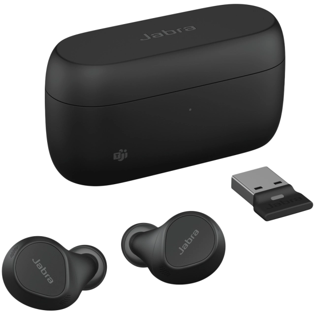 JABRA EVOLVE2 Buds MS, Cradle USB-A MS, Link 380 BT adapter USB-A MS, 30  cm USB-C to USB-A cable, Ear gels, warranty