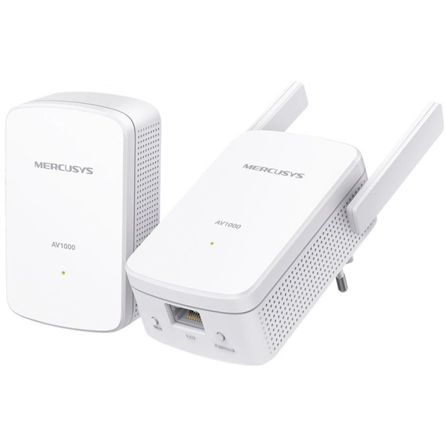 Mercusys MP510 KIT AV1000 Gigabit Powerline N300 Wi-Fi KIT (1× MP510 + 1× MP500) 300 Mbps at 2.4 GHz, 1000 Mbps Powerline,Broadcom CPU, 1× Gigabit Port, 2× Fixed External Antennas, Wall Plugged, HomePlug AV2,Plug and Play, One-Touch Wi-Fi Config.