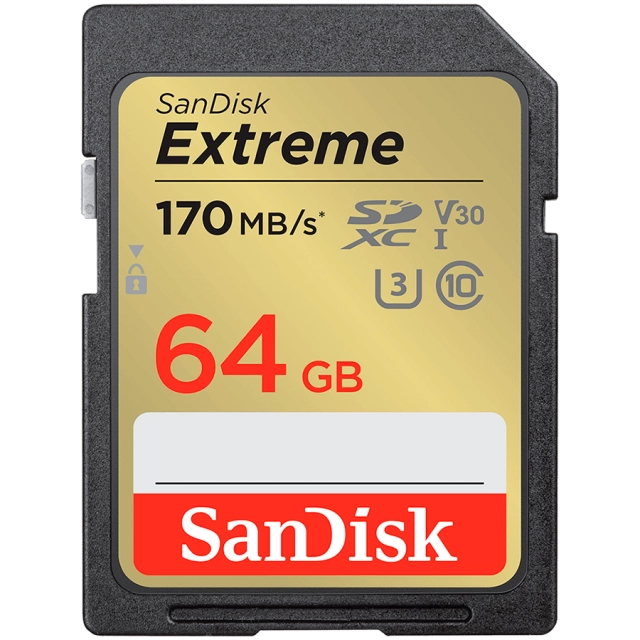 SANDISK Extreme 64GB SDXC Memory Card + 1 year RescuePRO Deluxe up to 170MB/s & 80MB/s Read/Write speeds, UHS-I, Class 10, U3, V30