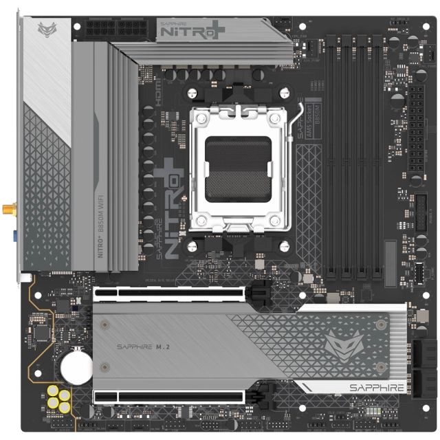 SAPPHIRE AMD B850M AM5 NITRO+ Ryzen R9/R7/R5, 4x DDR5 8000MHz, PCIE 5.0 x 16, 1x M.2 Gen5, 1x M.2 Gen4, LAN 2.5 Gbps, WIFI6, USB, Micro-ATX