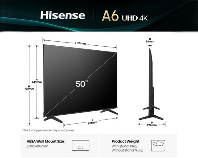 Televizor Hisense H50A6Q Smart, LED, 4K UHD, 50"(127cm), DVB-T/T2/C/S/S2