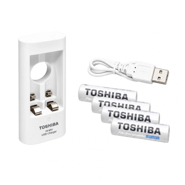TOSHIBA USB punjač za Ni-MH akumu. AA, AAA + 4 punjiva akum. AA 2000mAh TNHC-6GME4