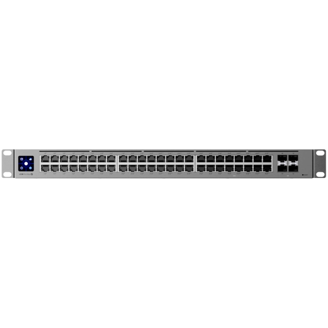 Ubiquiti 48-port, Layer 3 switch 2.5 GbE and PoE++ output, 16x 2.5 GbE ports including (8) PoE+ and (8) PoE++, 32x GbE ports including (24) PoE+ and (8) PoE++, 4x 10G SFP+ ports. Can power devices with up to 720W, it has power consumption of 100W (Excluding PoE output)