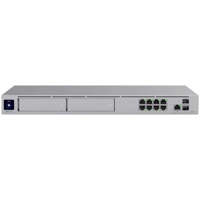 Ubiquiti rack-mount Cloud Gateway with 10 Gbps performance, multi-WAN load balancing, and two NVR drive bays designed for large-scale, multi-application UniFi sites
