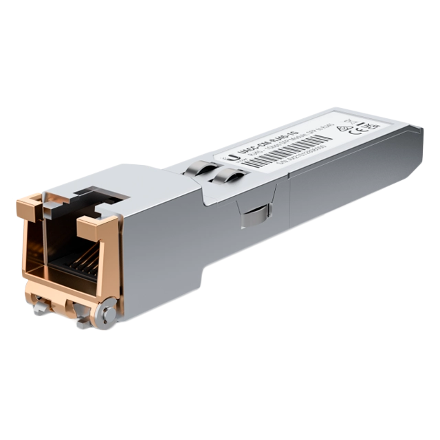 Ubiquiti UACC-CM-RJ45-1G SFP to RJ45 transceiver module that delivers 1 Gbps speed via a converted Ethernet connection.
