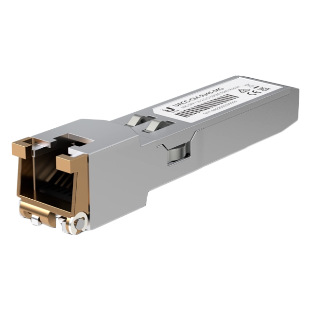 Ubiquiti UACC-CM-RJ45-MG SFP+ to RJ45 adapter, 1/2.5/5/10 GbE is a RJ45 transceiver that can be inserted into an SFP port in order to connect a copper Ethernet cable