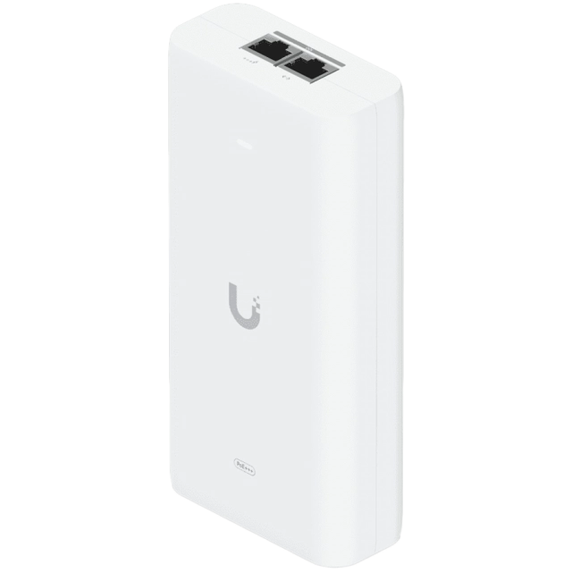 Ubiquiti UniFi 10G PoE+++ Adapter (90W), can power UniFi PoE+++ devices, reduce dependency on PoE switch power, and provide a Multi-Gigabit LAN connection, Contains RJ45 data input, AC cable with earth ground, and PoE+++ output
