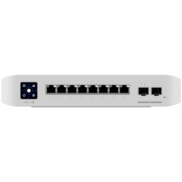 Ubiquiti USW-Pro-8-PoE-EU An 8-port, Layer 3 switch with PoE+ and PoE++ output. Can power devices with up to 120W, with a power consumption of 30W (Excluding PoE output)