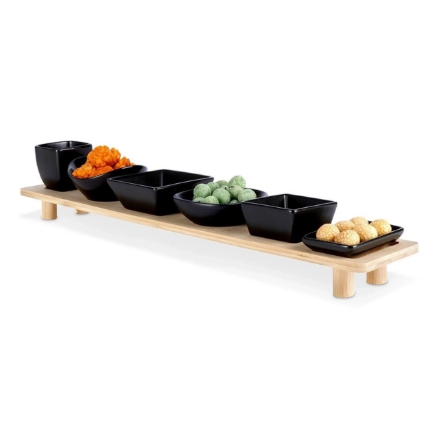 Vilde 139307 - Keramičke činije  na bambus dasci – Crne, 50 cm, set od 7 komada